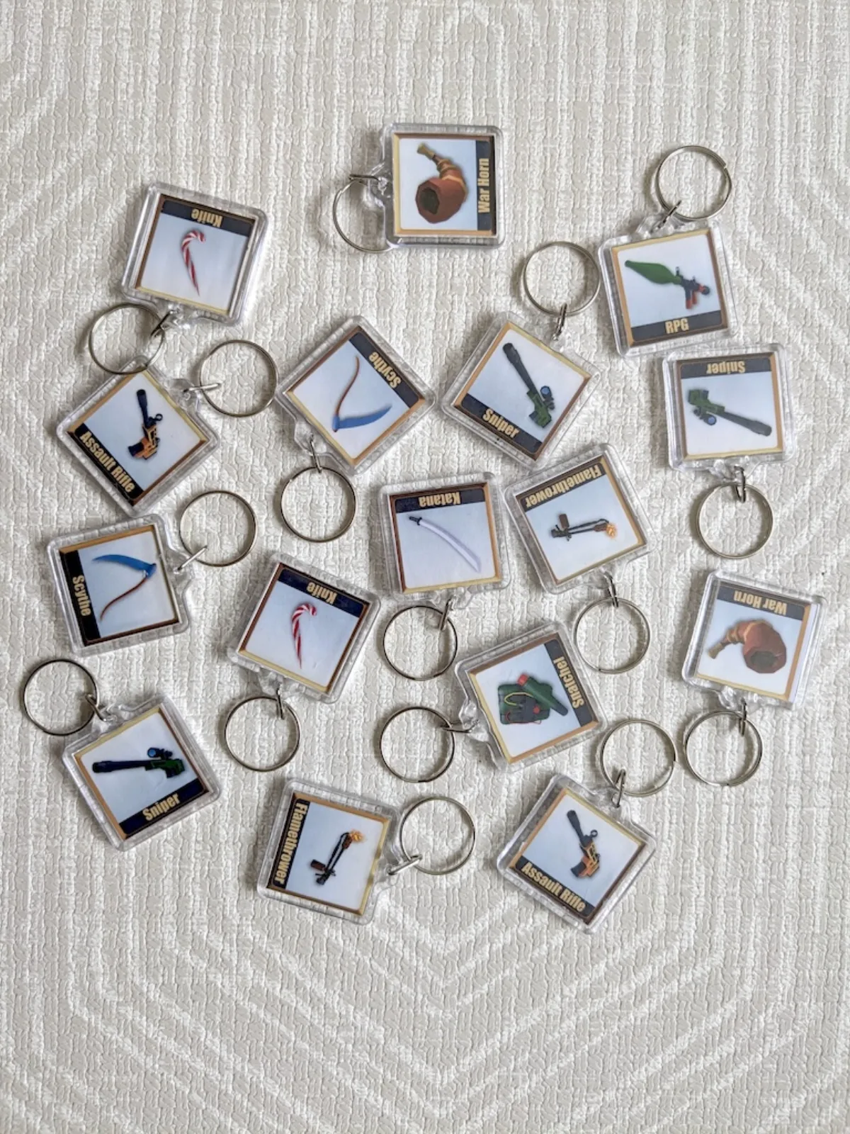 A bunch of keychains laid out